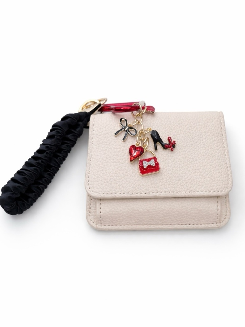 Beige Faux Leather Card Holder Wallet w/ Wristlet Strap & Charm Keychain